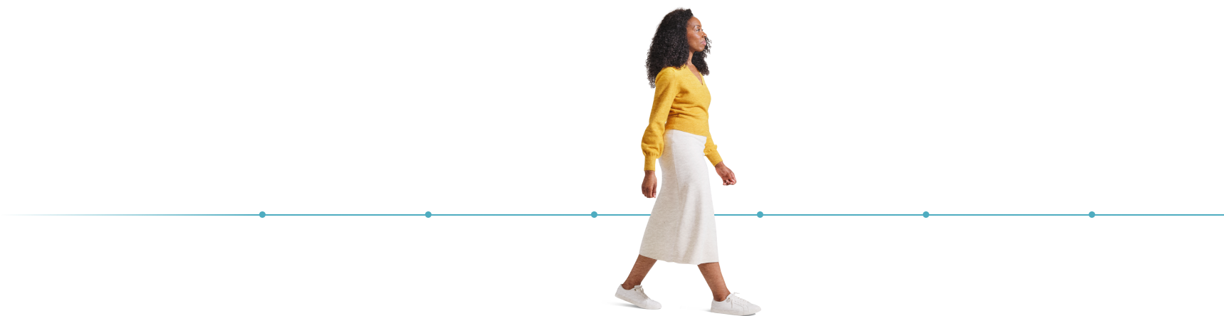 A woman wearing a yellow long sleeve shirt, a white skirt, and white shoes walking